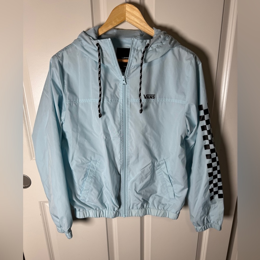Vans Hooded Windbreaker Jacket Full Zip-Up Light Blue Checkered Design Sz Small